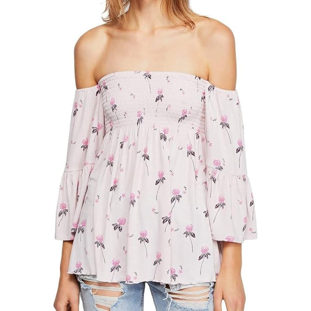 Free People Lana Off The Shoulder Pink Flower Smocked Bell Sleeve Tunic Top